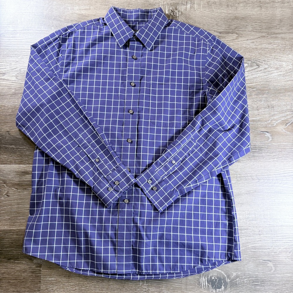 Jos A Bank Traveler Tailored Fit Mens Button Down Shirt Navy Blue Check Large
